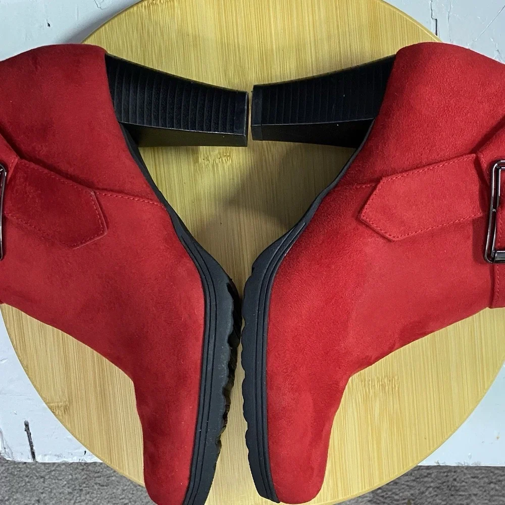 mysoft Women's Red Booties Chunky Heel, Great Cond. Zipper Ankle Boots US 9.5‎